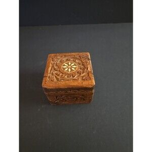 Vintage Hand Carved Wooden Box Inlay Floral Decor Made In India Hinged Square